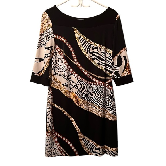 Frank Lyman Midi Dress Lined Black Animal Print Chain Stretchy Women’s Size 14 - Picture 1 of 5